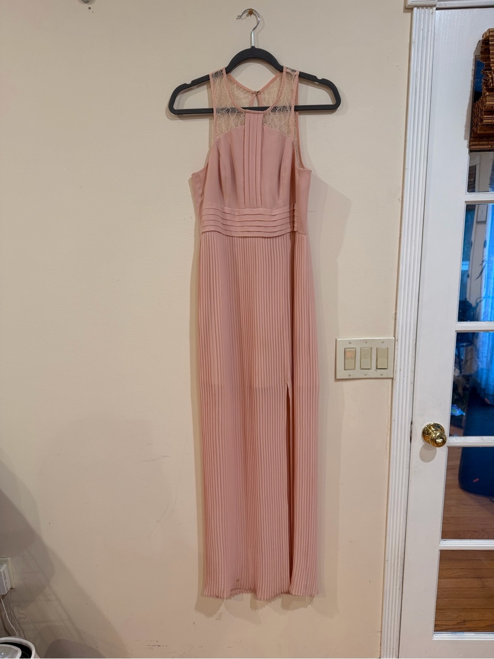 BCBGeneration Blush Pink Lace-Accent Pleated Maxi Dress